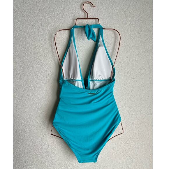 NWT Vince Camuto Swimsuit Halter Plunge Deep V One Piece Aqua Green Size 10 - Picture 4 of 11